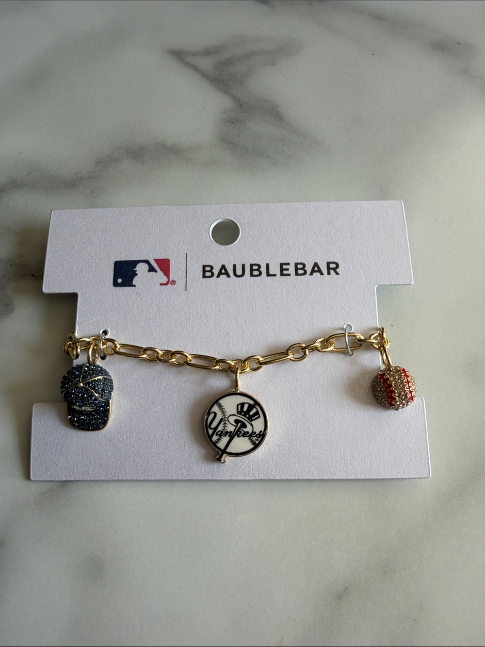 MLB Gold-Tone Black Glitter NY Cap Charm Bracelet Pendant
